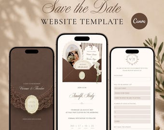 Chocolate Brown Save the Date Wedding Website Template, Digital Wedding Invitation with RSVP, Canva Editable, Instant Download