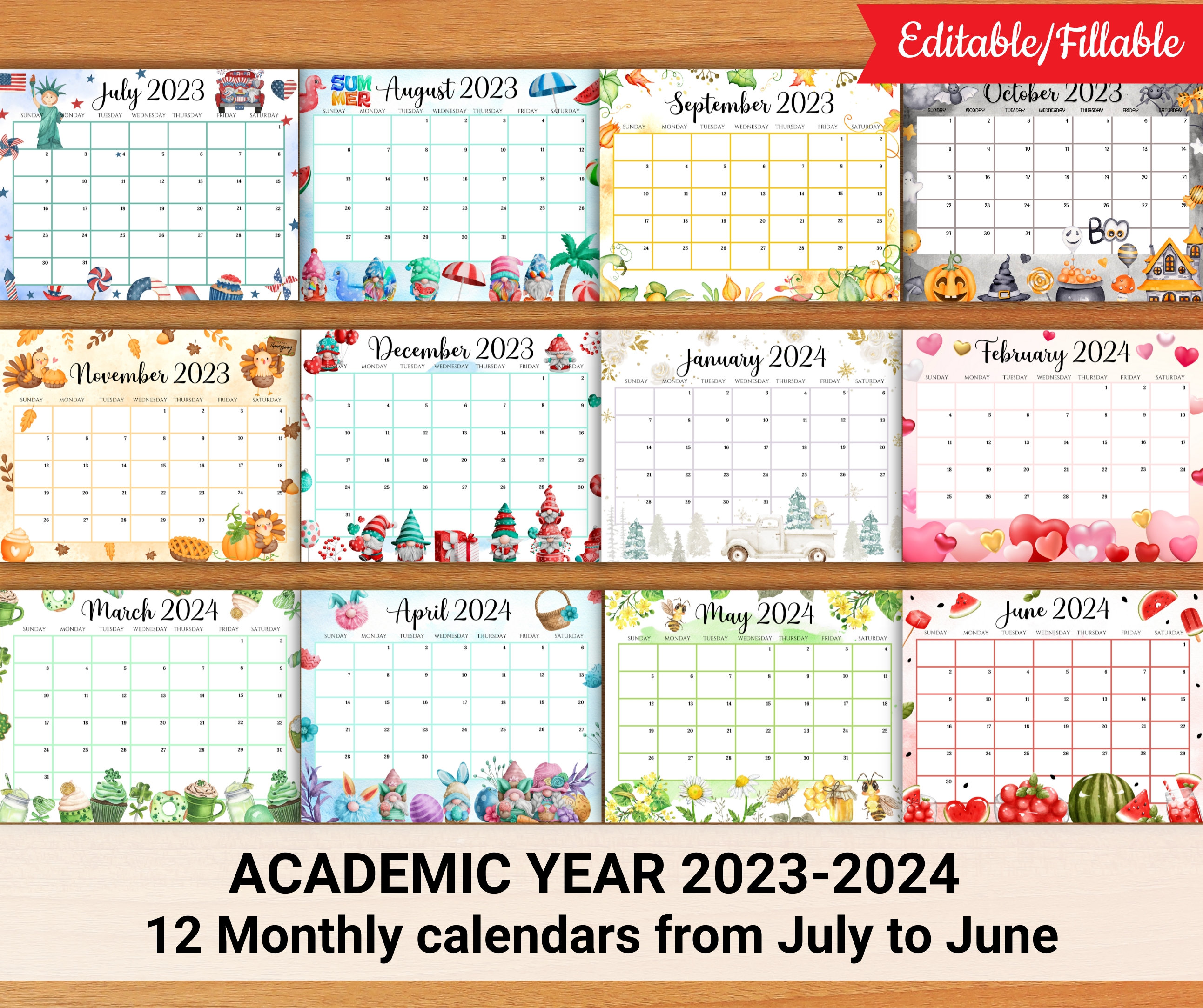 Calendrier scolaire modifiable 2023-2024 de juillet à juin, calendrier  mensuel imprimable pour enfants, calendrier de classe Homeschool,  téléchargement immédiat -  France