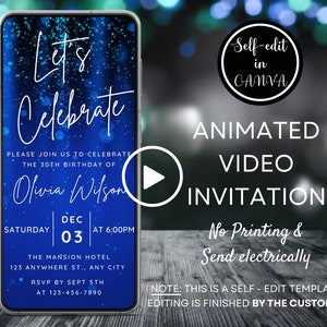 Video Let&#39;s Celebrate Blue Glitter Any Event Invitation, Electronic Any Age Birthday Party Invite, Digital Phone Invitation, Canva Template