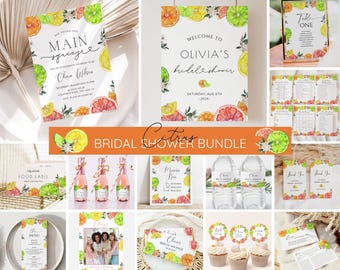 May include: Citrus themed bridal shower printable bundle with a watercolor design featuring lemons, limes, oranges, and grapefruits. The bundle includes a welcome sign, food labels, a menu, a table number sign, a thank you tag, and more.
