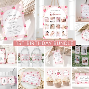 Berry First Birthday Invitation Bundle, Strawberry 1st Birthday Invitation Template, Berry Birthday Decorations, 1st Birthday Girl, EDITABLE