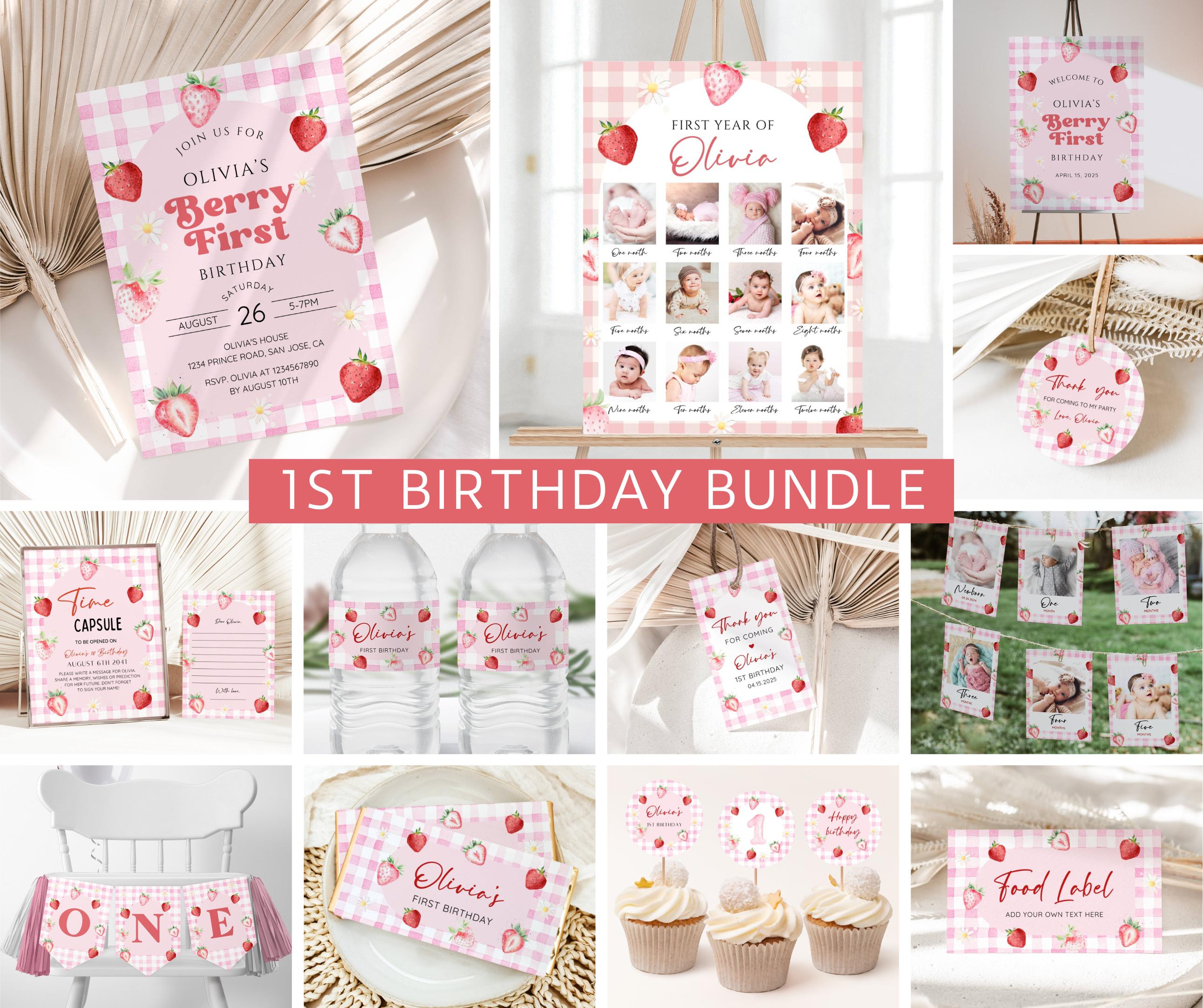 Pink Gingham Berry First Birthday Invitation Bundle, Strawberry 1st ...