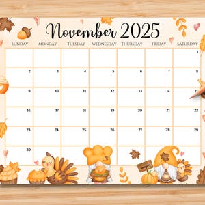 EDITABLE November 2025 Calendar, Happy Thanksgiving with Cute Gnomes & Turkey, Printable Monthly Schedule for Kids School, Home, Office Work