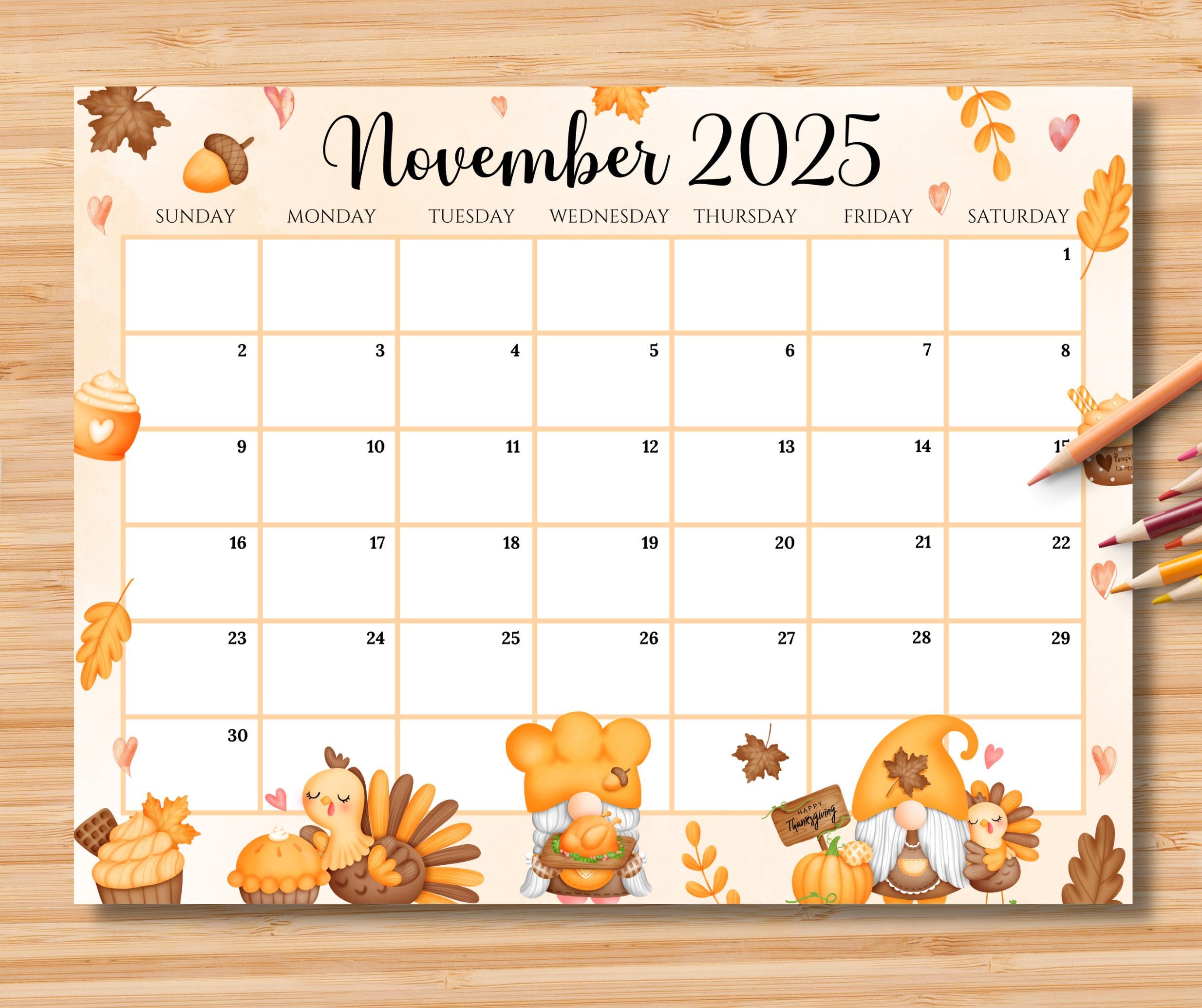 EDITABLE November 2025 Calendar, Happy Thanksgiving with Cute Gnomes & Turkey, Printable Monthly Schedule for Kids School, Home, Office Work