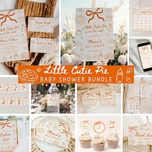以下が含まれることがあります： 「Little Cutie Pie」をテーマにしたベビーシャワーセット。招待状、看板、バナー、ラベルが含まれており、すべてオレンジとクリームの色合いのリボンとパイのデザインが特徴です。「Olivia's Baby Shower」というテキストがいくつかのアイテムに表示されています。