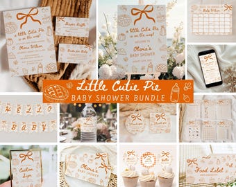 Op de afbeelding: Een baby shower bundel met een "Little Cutie Pie" thema. De set bevat uitnodigingen, borden, banners en labels, allemaal met een strik- en taartontwerp in tinten oranje en crème. De tekst "Olivia's Baby Shower" is zichtbaar op verschillende items.