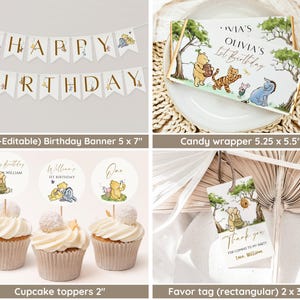 May include: Winnie the Pooh themed party supplies including a banner that says "Happy Birthday", cupcake toppers with Winnie the Pooh characters, a candy wrapper with Winnie the Pooh characters, and a favor tag that says "Thank you for coming to my party, Love William".
