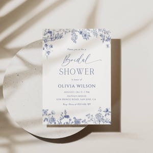 Vintage Floral Bridal Shower Invitation Template, Dusty Blue Bridal Invitation, Victorian Chinoiserie, Something Blue Bridal Shower Invite