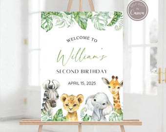 Cartel de bienvenida de cumpleaños de animales de la selva, cartel de bienvenida "Uno salvaje, Dos salvajes", póster de bienvenida de cumpleaños de safari, plantilla editable de Canva, imprimible