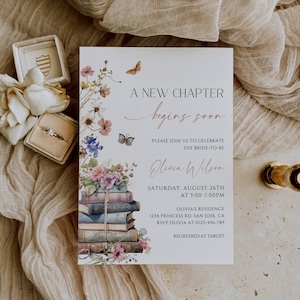 Storybook Bridal Shower Invitation, New Chapter Wildflower Wedding Shower, Vintage Book Theme, Editable Canva Template, Instant Download