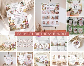 Pacote de Convites de Aniversário de Fada para o Primeiro Aniversário | Convite Editável de Aniversário de Fada para o Primeiro Aniversário | Decorações de Aniversário de Fada para o Primeiro Aniversário | Tema para o Primeiro Aniversário de Menina