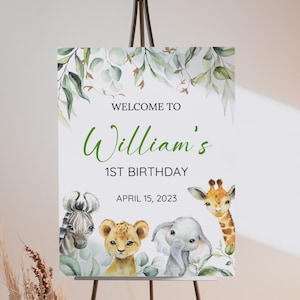 Placa de boas-vindas do primeiro aniversário do Wild One, Placa de boas-vindas do Wild One, Primeiro aniversário do bebê, Placa de boas-vindas do primeiro aniversário do animal do safári, Menino, Editável