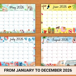 May include: A set of four colorful 2026 monthly calendars with seasonal themes. Each calendar features a different design: May with flowers, June with beach elements, July with ice cream, and August with a beach scene. The text "FROM JANUARY TO DECEMBER 2026" is at the bottom.