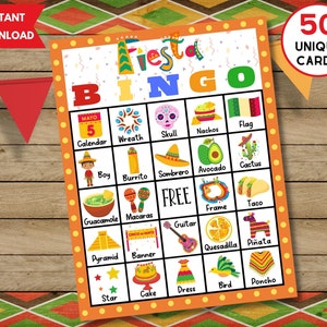 Printable Fiesta Bingo Game 50 Unique Bingo Cards W/labels - Etsy