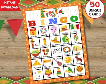 Juego de bingo Fiesta imprimible, 50 cartones de bingo únicos con etiquetas, actividad del Cinco de Mayo para niños, adolescentes y adultos, juegos de aula de Fiesta Mexicana