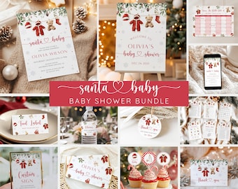 May include: A selection of Christmas-themed baby shower items, including invitations, welcome signs, labels, cupcake toppers, and thank you cards. Designs feature Santa Claus outfits, teddy bears, and festive greenery. The text reads "Santa Baby".