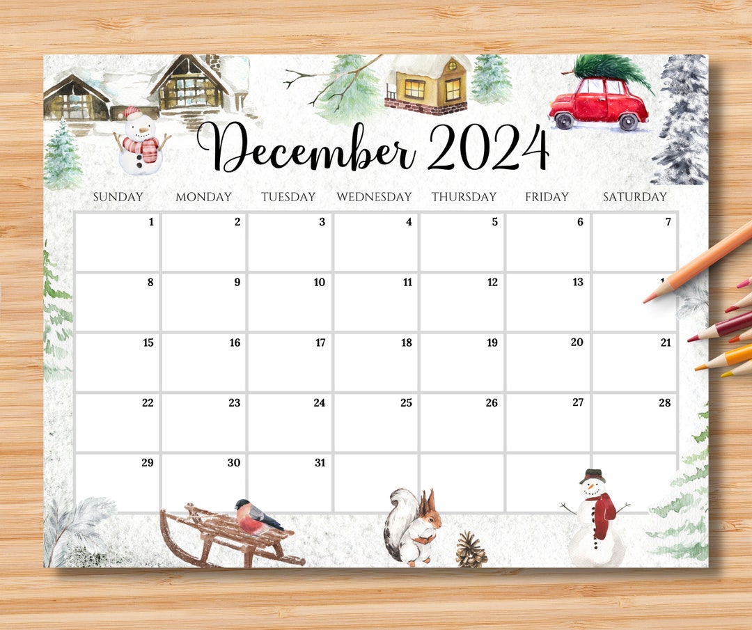 EDITABLE December 2024 Calendar, Beautiful Winter Christmas W/ Snowman