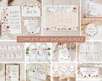 Baby in Bloom Babyparty Einladungspaket, Baby in Bloom Baby Sprinkle Einladungsset, Frühlingsblumen Wildblumen Babyparty, bearbeitbar