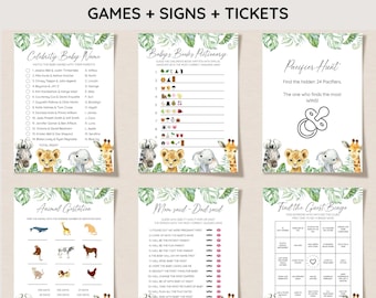 Safari dieren babyshower spelbundel, bewerkbaar safari babyshower spelpakket, jungle dieren babyshower, genderneutraal, Instant Download