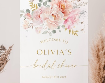 Plaque de bienvenue florale pour shower de mariage, modèle de plaque de bienvenue pour shower de mariage floral rose blush, affiche de bienvenue, plaque d'entrée, modifiable imprimable