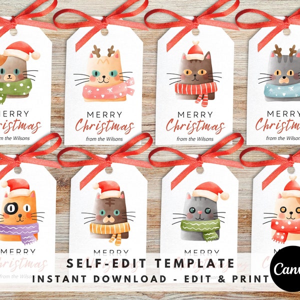 EDITABLE Cat Christmas Gift Tag, Holiday Gift Tag Template w/ Kittens, Personalized Christmas Tag 2 x 3.5", Canva Template, Instant Download