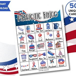 50 cartes de jeu de bingo patriotiques, bingo du 4 juillet, activité pour le jour de l'indépendance pour enfants, adolescents et adultes, jeu de fête pour la classe, téléchargement immédiat
