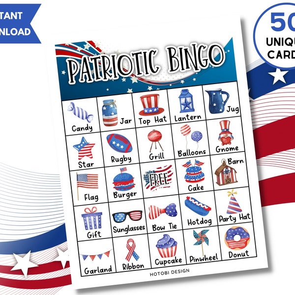 50 Patriotic Bingo Game Cards, 4th of July Bingo, Independence Day Activity for Kids, Teens & Adults, Party Classroom Game, Instant Download