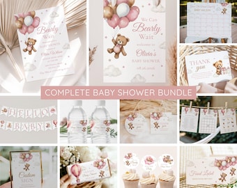 We Can Bearly Wait Baby Shower Invitation Bundle, Pink Teddy Bear Balloon Girl Baby Shower, Editable Canva Template, Instant Download