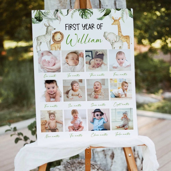 Wild One 1st Birthday Photo Poster, Safari Poster Template, Safari 1st Birthday Picture, Safari Animals First Birthday Photo Board Baby Boy