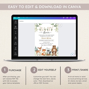 Pu&ograve; includere: Un mockup digitale di uno schermo di laptop che mostra un modello di invito per una festa di baby shower a tema bosco. L'invito presenta un'illustrazione ad acquerello di un orso, una volpe e altri animali del bosco con vegetazione e lettere dorate. Il testo sull'invito recita "Baby Shower" e "Please join us for a baby shower celebrating the mom-to-be Olivia Wilson". Il testo include anche la data, l'ora e il luogo della festa. Lo schermo del laptop &egrave; circondato da uno sfondo bianco con il testo "Easy to Edit & Download in Canva" nella parte superiore. Sotto lo schermo del laptop ci sono tre passaggi per utilizzare il modello: "Purchase", "Edit Yourself" e "Print/Share".