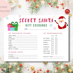 Cuestionario de Papá Noel secreto imprimible, Formulario de Papá Noel secreto Papá Noel secreto para el trabajo Papá Noel secreto imprimible Lista de deseos de Papá Noel secreto Descarga instantánea