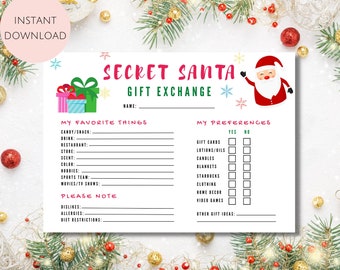 Secret Santa Questionnaire Printable, Secret Santa Form Secret Santa for Work Secret Santa Printable Secret Santa Wish List Instant download