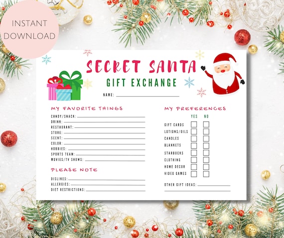 Secret Santa Questionnaire Printable. Secret Santa Form. Secret Santa for  Work. Secret Santa Printable. Secret Santa Wish List. Christmas 