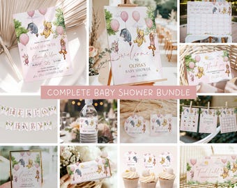 Winnie-the-Pooh Baby Shower Bundle, Pink Balloon Classic Pooh Girl Baby Shower, Editable Canva Template, Instant Download