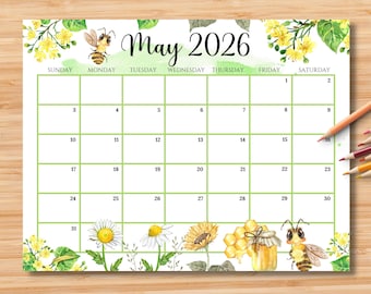 Bewerkbare kalender mei 2026 | Afdrukbare pdf-maandplanner | Opberger voor school, werk, kantoor en thuis | Direct downloaden