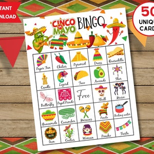 Jogo de bingo Cinco de Mayo, 50 cartões de bingo exclusivos com rótulos, atividade de festa mexicana para crianças, adolescentes e adultos, jogo de sala de aula para família para impressão