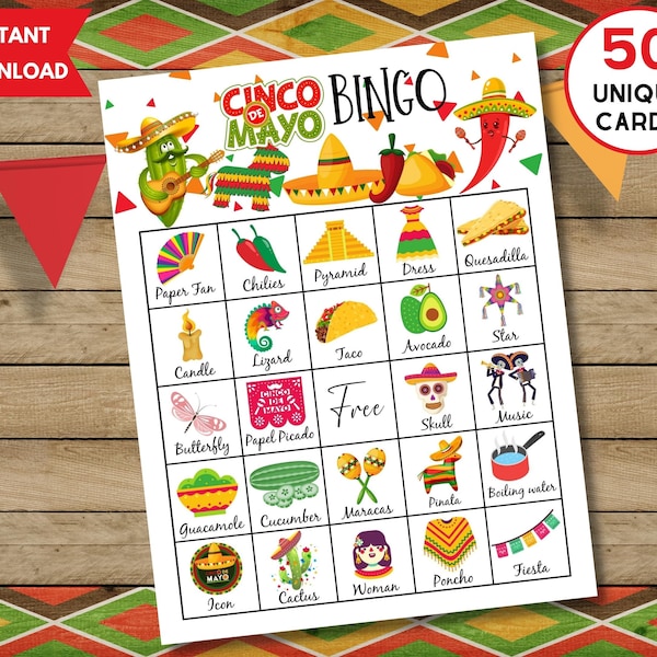 Juego de bingo Cinco De Mayo, 50 cartones de bingo únicos con etiquetas, actividad de fiesta mexicana para niños, adolescentes y adultos, juego de aula familiar imprimible