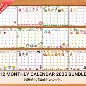 EDITABLE 2025 Calendars, Cute Monthly Calendar for Kids, Printable Kids Schedule, Classroom Calendar, Homeschool Calendar, Digital Download
