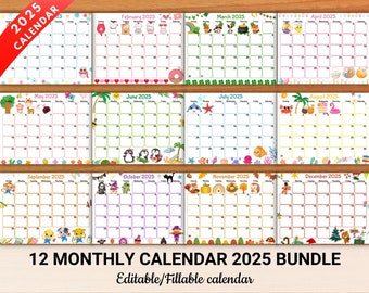 EDITIERBARE 2025-Kalender, niedlicher Monatskalender für Kinder, druckbarer Kinderzeitplan, Klassenzimmerkalender, Hausschulkalender, digitaler Download