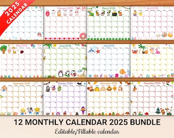 EDITIERBARE 2025-Kalender, niedlicher Monatskalender für Kinder, druckbarer Kinderzeitplan, Klassenzimmerkalender, Hausschulkalender, digitaler Download