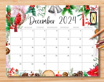 BEWERKBARE kalender december 2024, prachtige kleurrijke kerst met vogel en poinsettia, afdrukbare invulbare kalenderplanner, direct downloaden