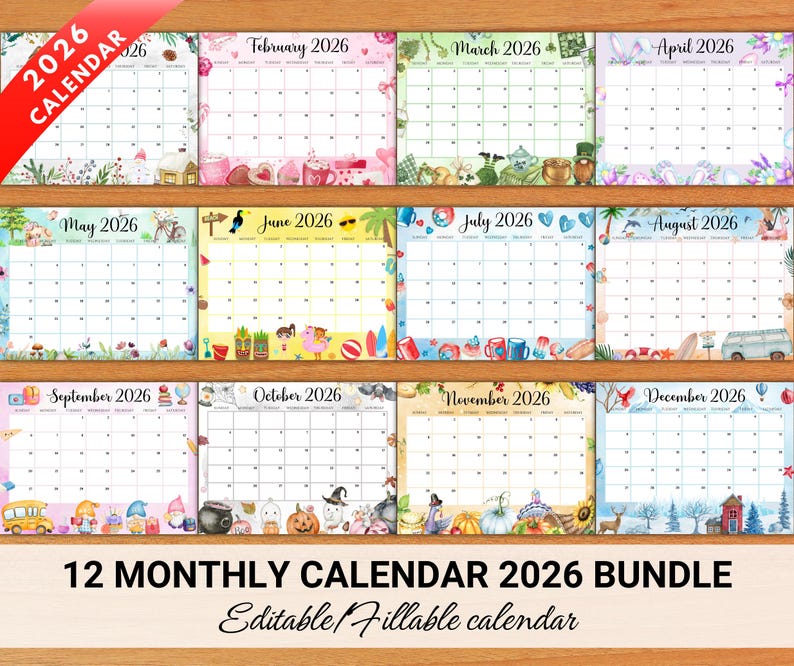 May include: A bundle of 12 monthly calendars for 2026, each with a unique decorative border. Months include January through December, with the year and month name displayed. The calendars are designed to be fillable.