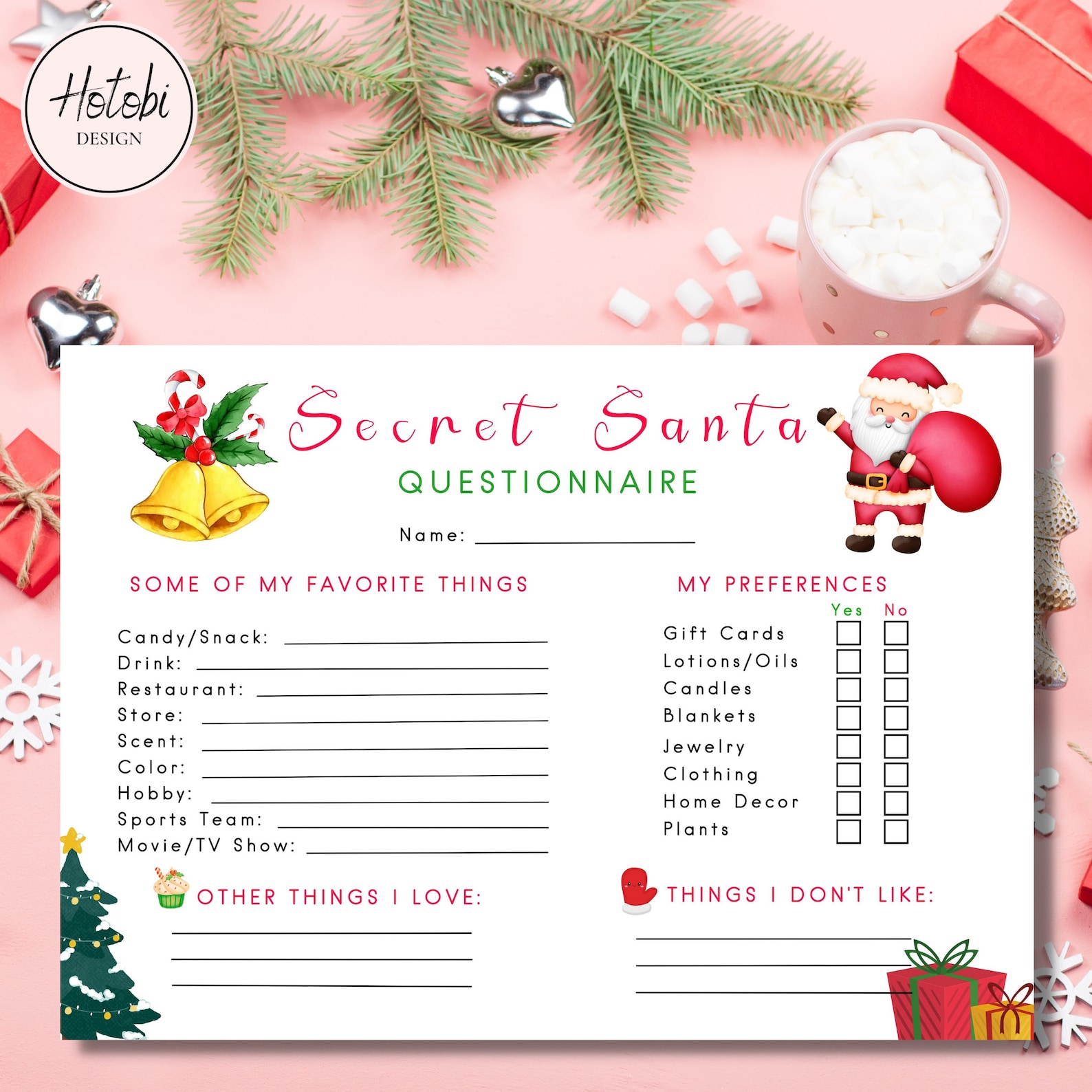 Secret Santa Questionnaire Printable Secret Santa Form Secret - Etsy