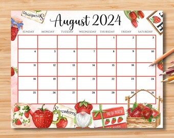 EDITABLE August 2024 Calendar, Beautiful Colorful Summer with Cute Strawberries, Printable Fillable Calendar Planner, Instant Download