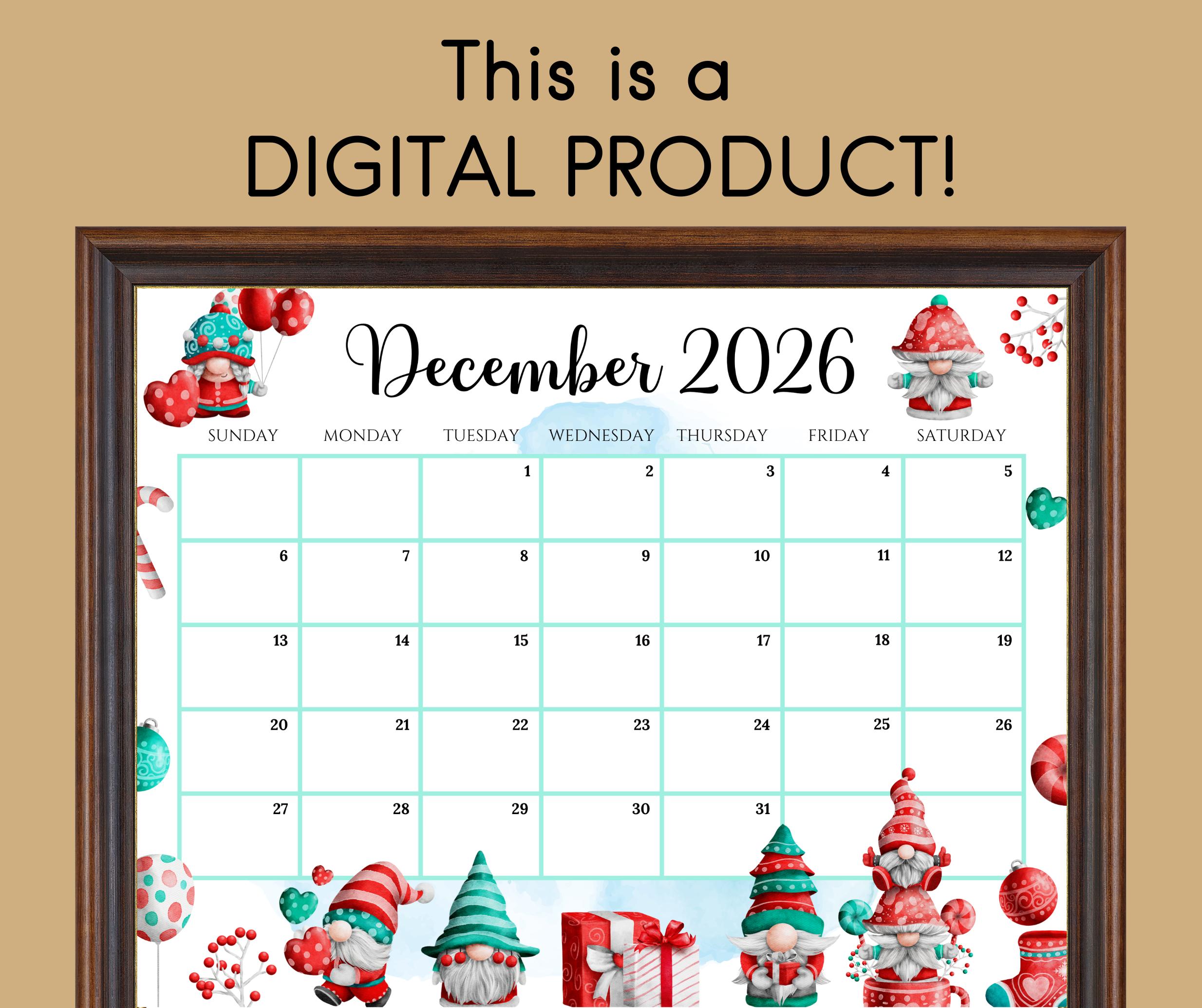 Calendario de diciembre de 2026 editable / Planificador mensual para ...