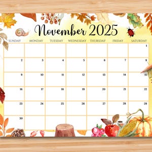 Calendario novembre 2025 MODIFICABILE, Bellissimo autunno con zucche e foglie gialle, Calendario mensile stampabile per bambini, scuola, casa, ufficio