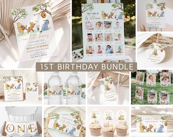 Winnie the Pooh 1st Birthday Bundle, Classic Pooh Bear Birthday Invitation, Pooh 1st Birthday Bundle, Girl Boy First Birthday Gender Neutral