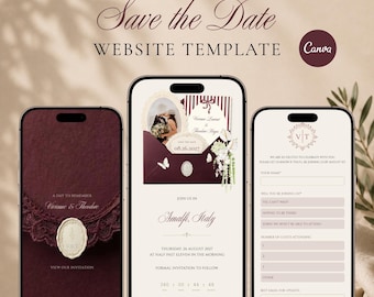 Burgundy Save the Date Website Template, Digital Wedding Invitation Online RSVP, Paperless Wedding Invite, Canva Editable, Instant Download