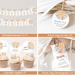 May include: A set of baby shower party decorations featuring a sunburst design with orange, yellow, and blue colors. The set includes a banner, cupcake toppers, and favor tags. The banner says "hello baby". The cupcake toppers say "oh baby", "Olivia's baby shower", and "baby wilson". The favor tags say "thank you for coming to my party" and "thank you for showering our baby with love".