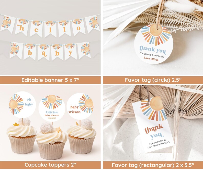 May include: A set of baby shower party decorations featuring a sunburst design with orange, yellow, and blue colors. The set includes a banner, cupcake toppers, and favor tags. The banner says "hello baby". The cupcake toppers say "oh baby", "Olivia's baby shower", and "baby wilson". The favor tags say "thank you for coming to my party" and "thank you for showering our baby with love".